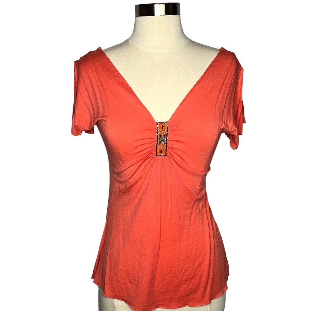 Express Orange V-Neck Embellished Top with Butterfly Sleeves - S